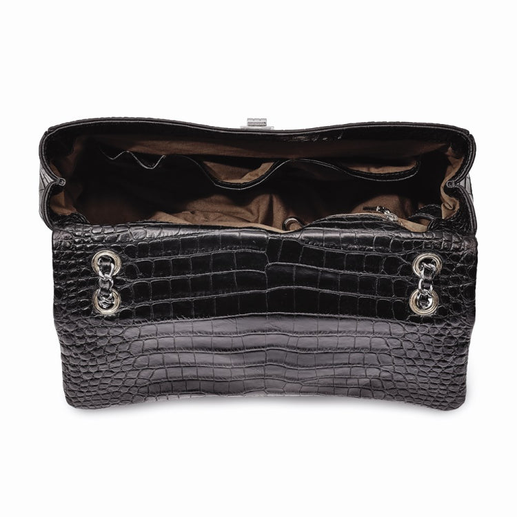Luxury Giftware by Jere Top Grain Leather Croc Texture Black Chain Strap Handbag with Zip Pocket, 2 Slip Pockets, and Key Fob