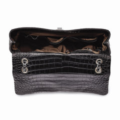 Luxury Giftware by Jere Top Grain Leather Croc Texture Black Chain Strap Handbag with Zip Pocket, 2 Slip Pockets, and Key Fob