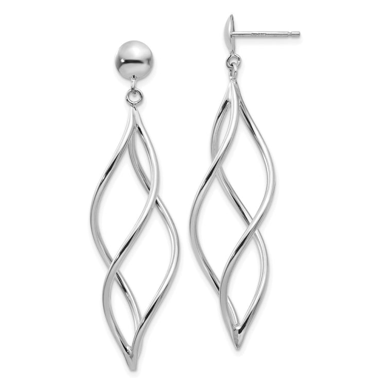14k White Gold Curved Tube Swirl Dangle Post Earrings