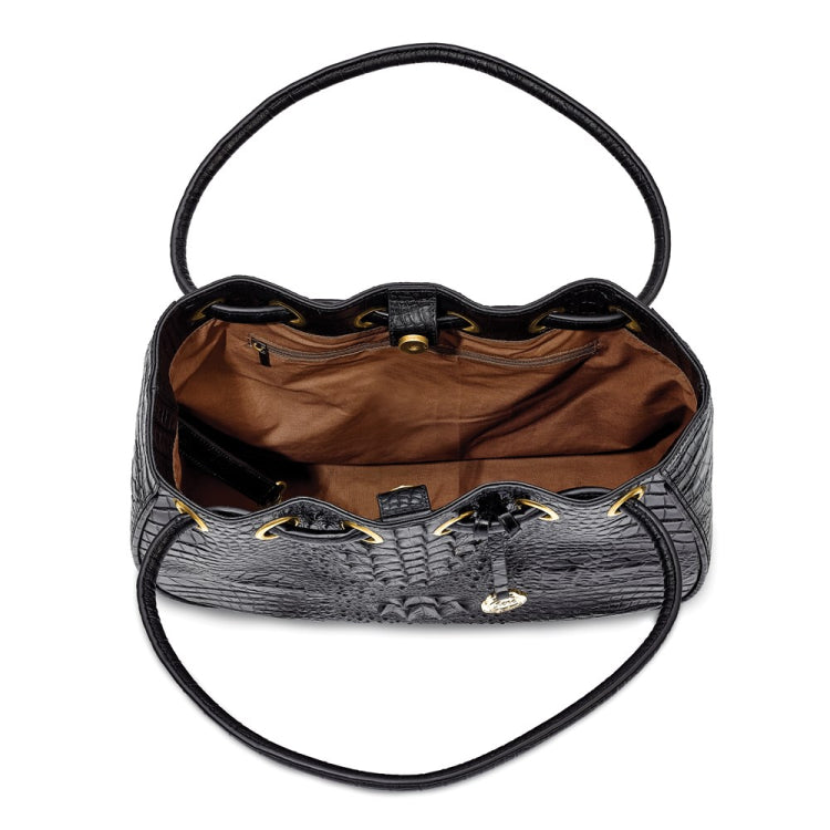 Luixury Giftware by Jere Top Grain Leather Croc Texture Black Drawstring Magnetic Snap Handbag with 2 Slip Pockets, 2 Pen Pockets, Key Fob