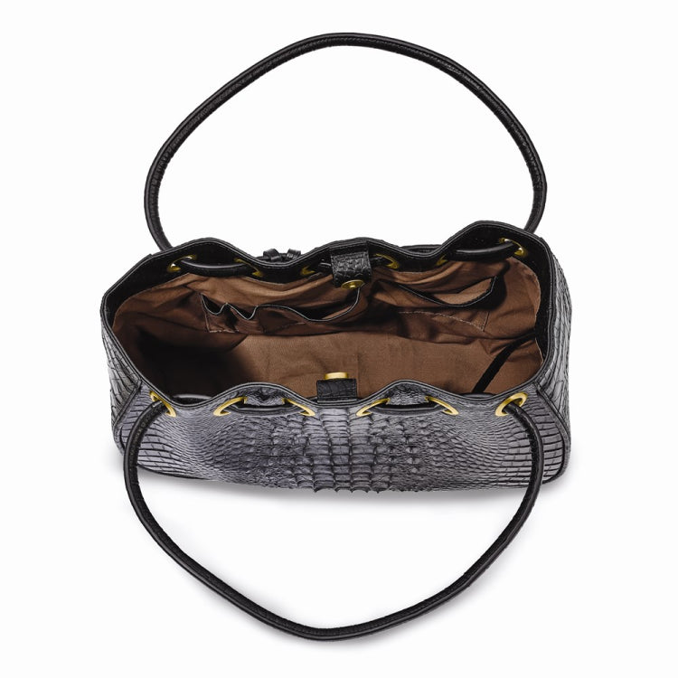 Luixury Giftware by Jere Top Grain Leather Croc Texture Black Drawstring Magnetic Snap Handbag with 2 Slip Pockets, 2 Pen Pockets, Key Fob