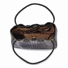 Luixury Giftware by Jere Top Grain Leather Croc Texture Black Drawstring Magnetic Snap Handbag with 2 Slip Pockets, 2 Pen Pockets, Key Fob
