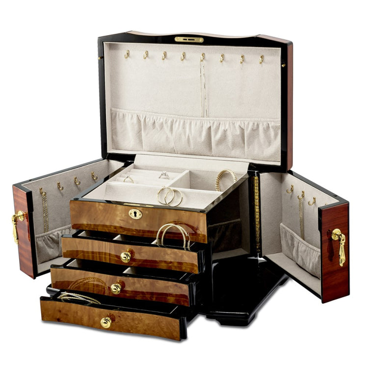 Luxury Giftware by Jere High Gloss Bubinga Veneer w/Elm Burl Inlay 3-drawer with Swing-out Sides Locking Wooden Jewelry Box