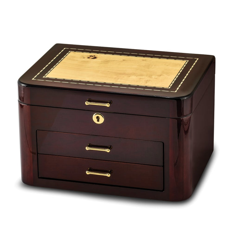 Luxury Giftware by Jere High Gloss Burgundy Bubinga Veneer w/Mapa Burl and Scrolled Inlay 2-drawer Locking Wooden Jewelry Box