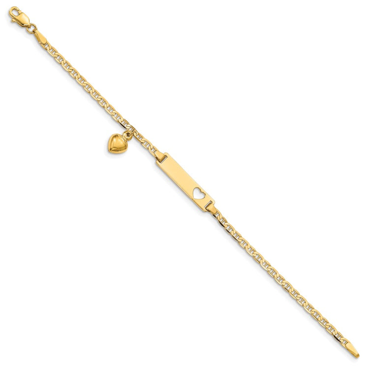 14k Polished Solid Chain/Solid Plate Cut-out Heart with Heart Dangle Anchor Link 22x5mm Plate 6 inch Baby/Child ID Bracelet