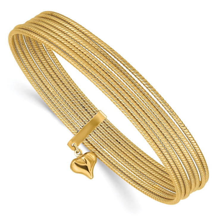 14K Polished and Textured with Dangle Heart 7-Strand 11.00mm Slip-on Round Bangle Bracelet