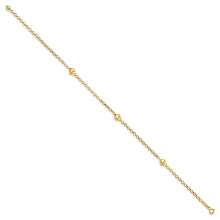 14k Polished Puffed Heart 3-Station 10 inch Anklet