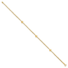 14k Polished Puffed Heart 3-Station 10 inch Anklet