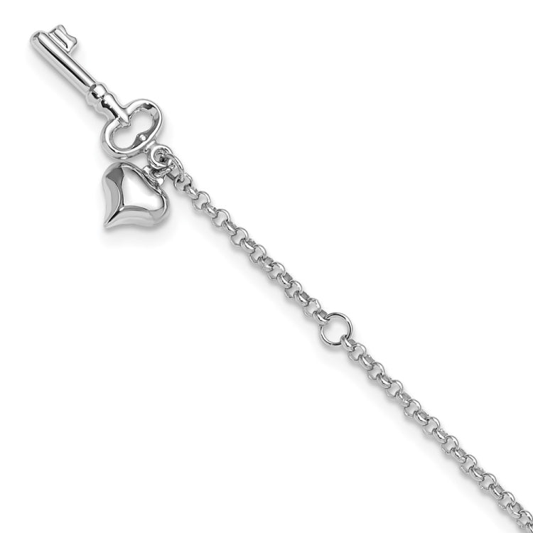 14k White Gold Cable Chain with Puffed Heart and Key Dangle 9 inch Plus 1 inch Extender - Total 10 inch Anklet