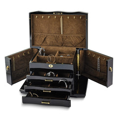 Luxury Giftware High Gloss Walnut Burl Veneer 3-drawer with Swing-out Sides Locking Wooden Jewelry Box