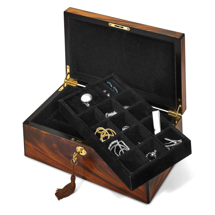 Luxury Giftware by Jere Matte Finish Tiger Wood Veneer with Inlay Design Locking Wooden Jewelry Box