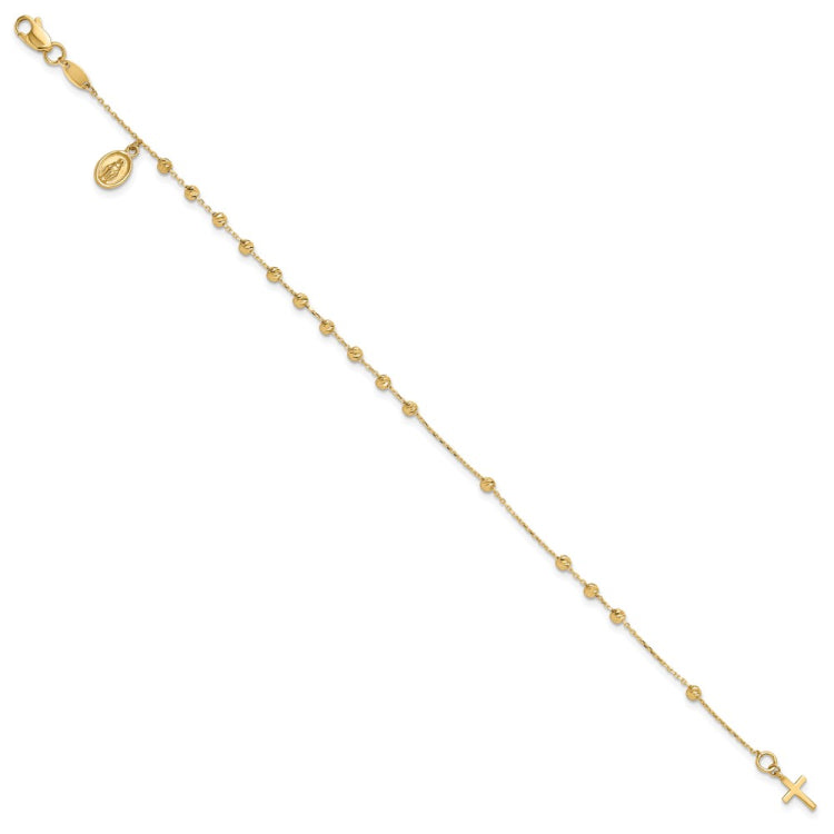 14K Polished and Diamond-cut Miraculous Medal and Cross 7.5 inch Rosary Bracelet