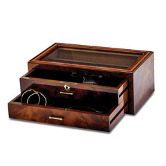 Luxury Giftware Inlay Wood Veneer Glass Window 2 Drawer Locking Collector Box