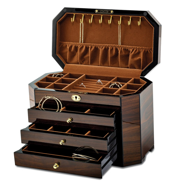 Luxury Giftware by Jere High Gloss Walnut Veneer with Black Accents 3-drawer Locking Wooden Jewelry Box