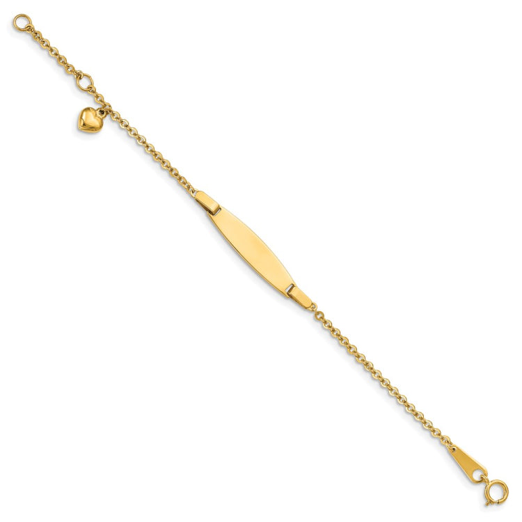 14k Polished Solid Chain/Solid Plate Heart Dangle 20x6mm Plate 4.5 inch Baby/Child ID Bracelet with 0.5 inch Extender