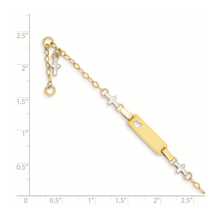 14k Two-tone Polished Textured Cross and Cut-out Heart 18x5mm Plate 4.5 inch Baby/Child ID Bracelet with 1 inch Extender