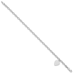 14k White Gold Engravable 14x10mm Solid Dangle Heart Charm and Hollow Chain 7.5 inch Bracelet