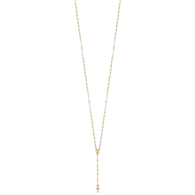 14k Polished Cross and Miraculous Medal with Diamond-cut Beads 17 inch Rosary Necklace Plus 3 inch Extender