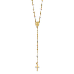 14k Tri-color Cross and Miraculous Medal with Laser-cut Beads 17 inch Rosary Necklace Plus 3 inch Extender