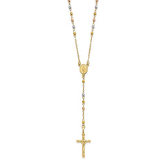 14K Tri-color Polished Crucifix and Miraculous Medal with Faceted Beads 24 inch Rosary Necklace
