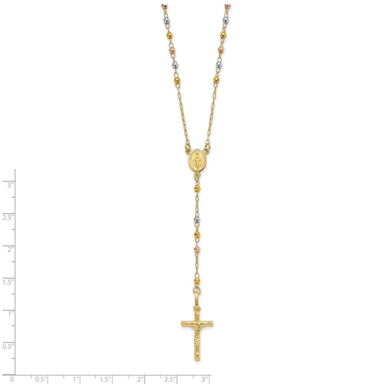 14K Tri-color Polished Crucifix and Miraculous Medal with Faceted Beads 24 inch Rosary Necklace