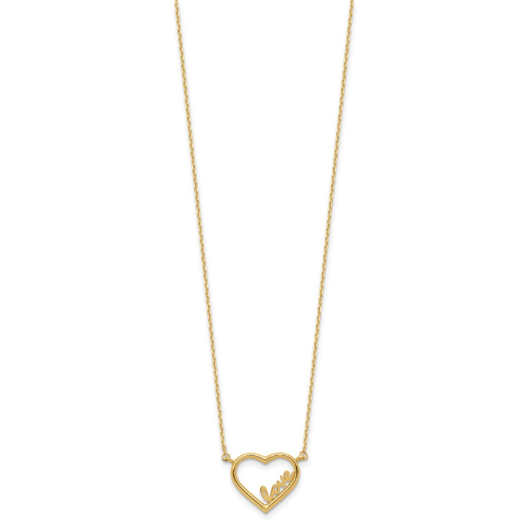 14K Polished Open Heart with LOVE Inside 17 inch Necklace Plus 0.5 inch Extender