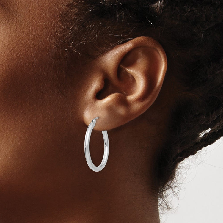 14K White Gold 2.5x25mm Polished Round Tube Hoop Earrings