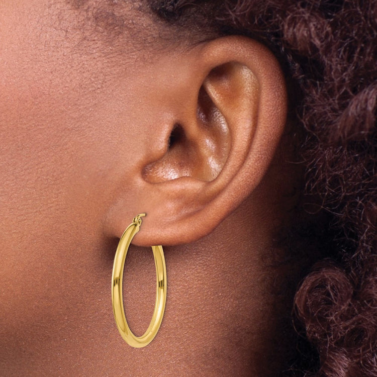 14K 2.5x30mm Polished Round Tube Hoop Earrings