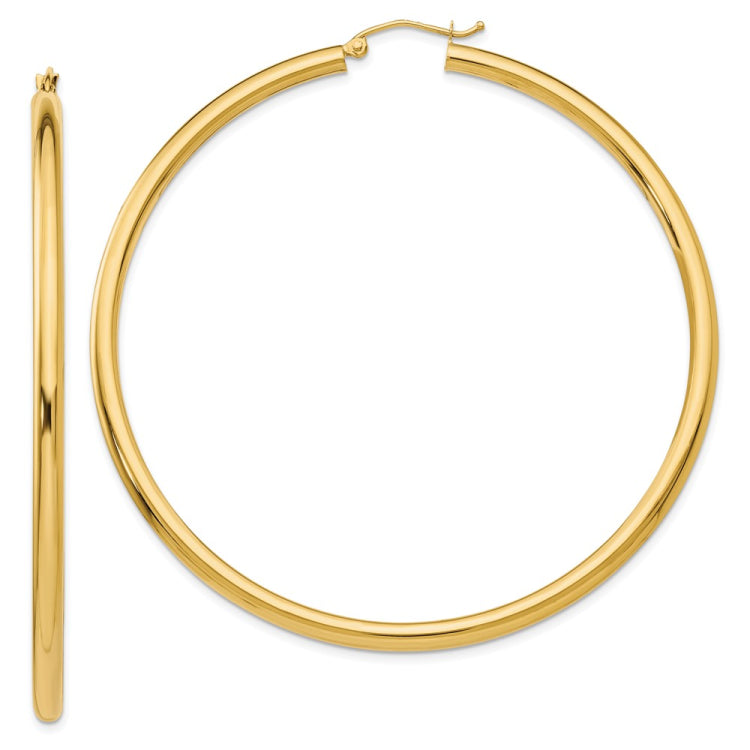 14K 3x65mm Polished Lightweight Tube Hoop Earrings