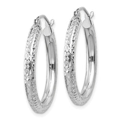 14k White Gold 3x25mm Diamond-cut Round Tube Hoop Earrings