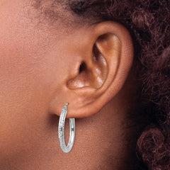 14k White Gold 3x25mm Diamond-cut Round Tube Hoop Earrings