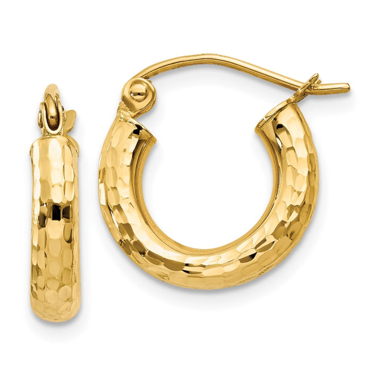 14k 3x14mm Diamond-cut Round Tube Hoop Earrings