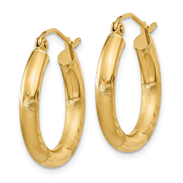 14k 3x20mm Satin Diamond-cut Round Tube Hoop Earrings