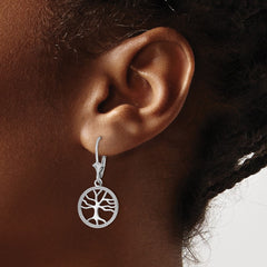 14K White Gold Tree of Life In Round Frame Dangle Leverback Earrings