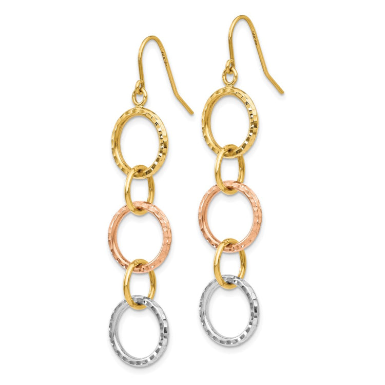 14k Tri-Color Diamond-Cut Circles Dangle French Hook Earrings