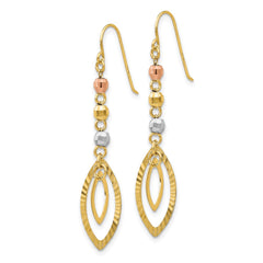 14K Tri-Color Diamond-cut Bead Oval Dangle French Hook Earrings