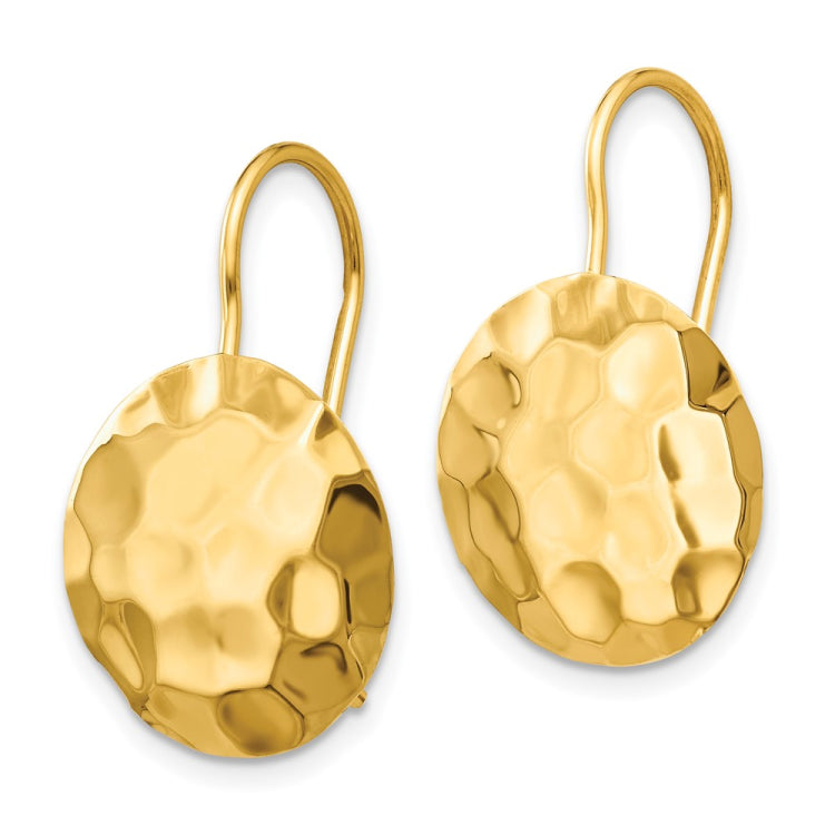 14k Hammered 14mm Circle Disc Kidney Wire Earrings