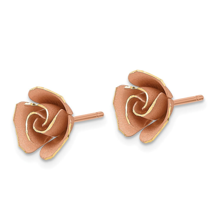 14k and Rose Rhodium Satin Finish Diamond-cut Rose Post Earrings
