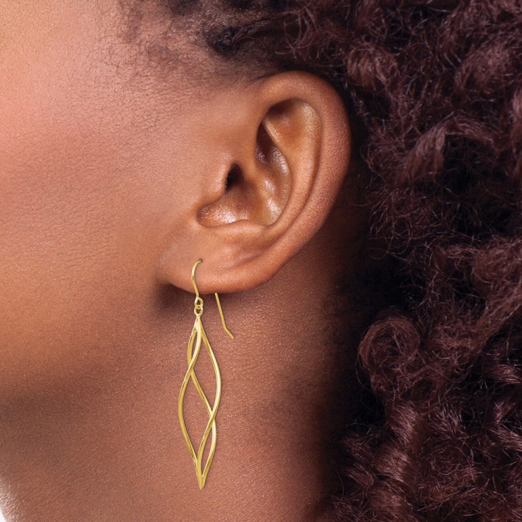 14k Polished Long Twisted Swirl Drop French Hook Earrings