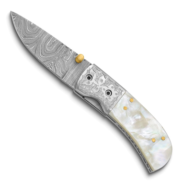 Luxury Giftware Damascus Steel 256 Layer Folding Blade Mother of Pearl Handle Knife with Leather Sheath and Wooden Gift Box