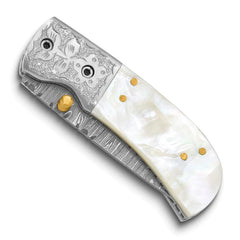 Luxury Giftware Damascus Steel 256 Layer Folding Blade Mother of Pearl Handle Knife with Leather Sheath and Wooden Gift Box