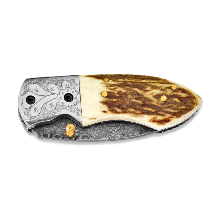 Luxury Giftware Damascus Steel 256 Layer Folding Blade Steel Guard Staghorn Handle Knife with Leather Sheath and Wooden Gift Box