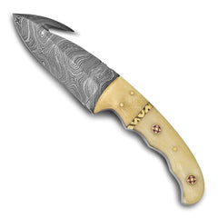 Luxury Giftware Damascus Steel 256 Layer Fixed Blade with Gut Hook Camel Bone Handle Knife with Leather Sheath and Gift Box