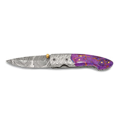 Luxury Giftware Damascus Steel 256 Layer Purple Stone Handle Folding Blade Knife with Leather Sheath and Wooden Gift Box