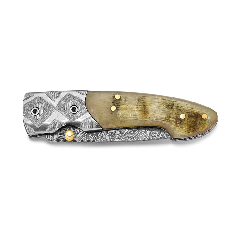 Luxury Giftware Damascus Steel 256 Layer Ram Horn Handle Folding Blade Knife with Leather Sheath and Wooden Gift Box