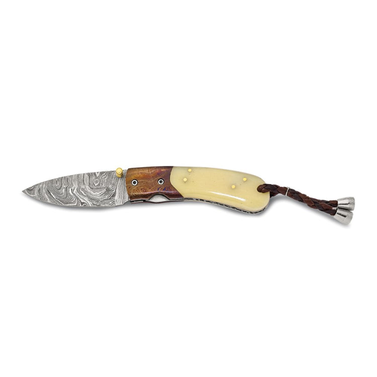 Luxury Giftware Damascus Steel 256 Layer Camel Bone Handle Folding Blade Knife with Leather Sheath and Wooden Gift Box