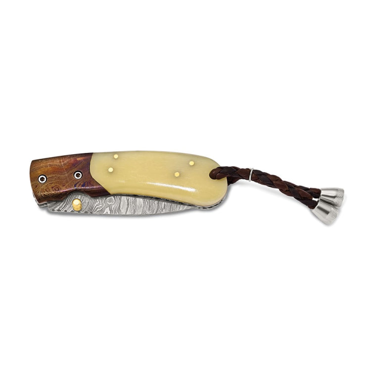 Luxury Giftware Damascus Steel 256 Layer Camel Bone Handle Folding Blade Knife with Leather Sheath and Wooden Gift Box