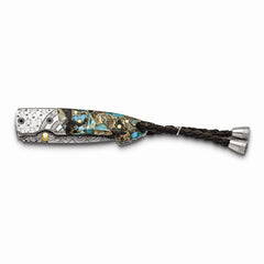 Luxury Giftware Damascus Steel 256 Layer Folding Blade Turquoise/Abalone/Obsidian/Bronze Handle Knife with Leather Sheath and Wooden Gift Box