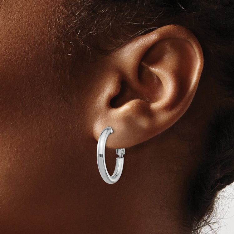 14k White Gold 3x22mm Polished Round Omega Back Tube Hoop Earrings