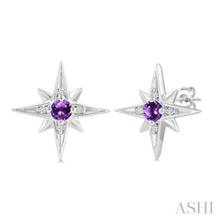 3 MM Round Cut Amethyst and 1/20 Ctw Round Cut Diamond Semi-Precious Fashion Earrings in Sterling Silver